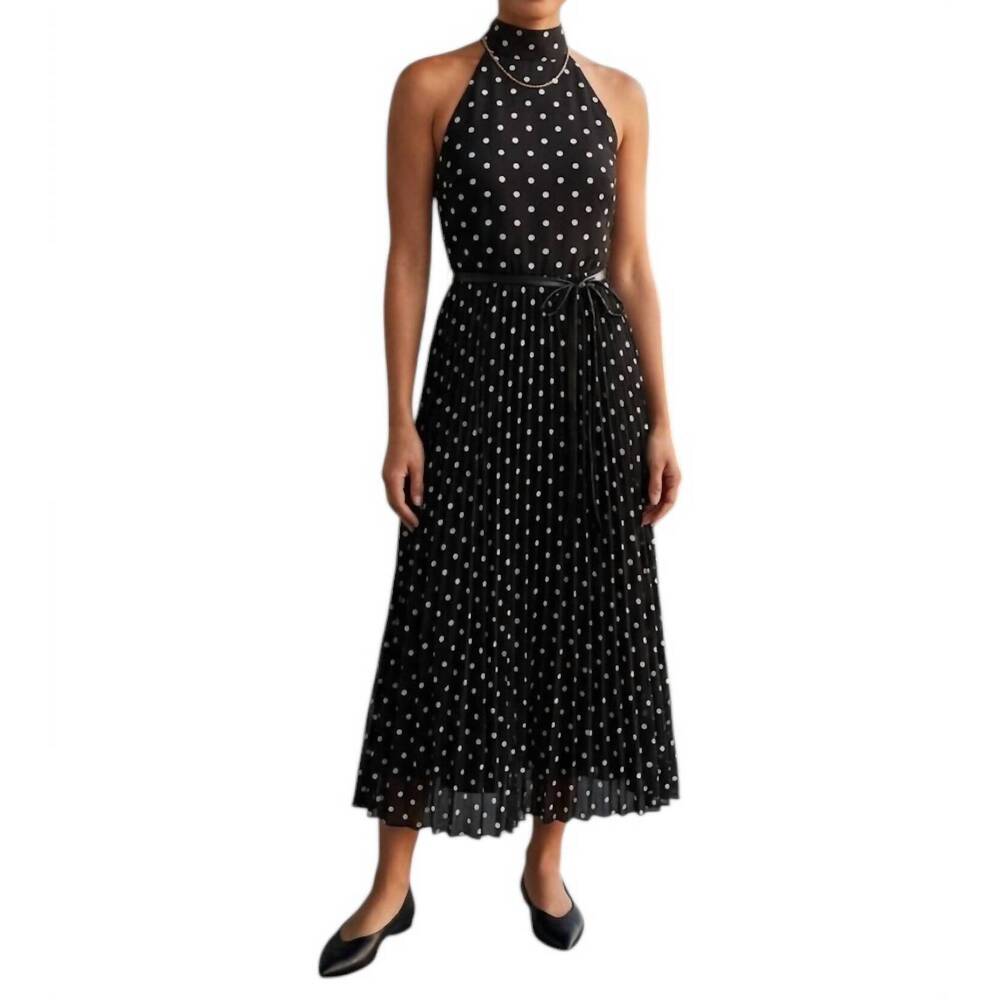 NEW 2.7 AUGUST APPAREL polka dot pleated midi dress in black/white